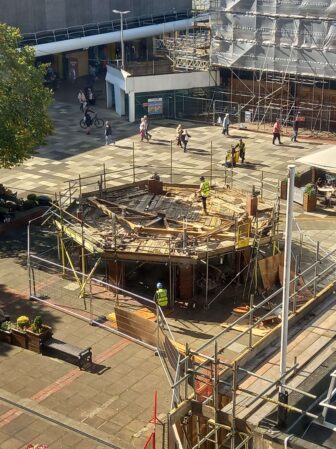 a bandstand being taken apart