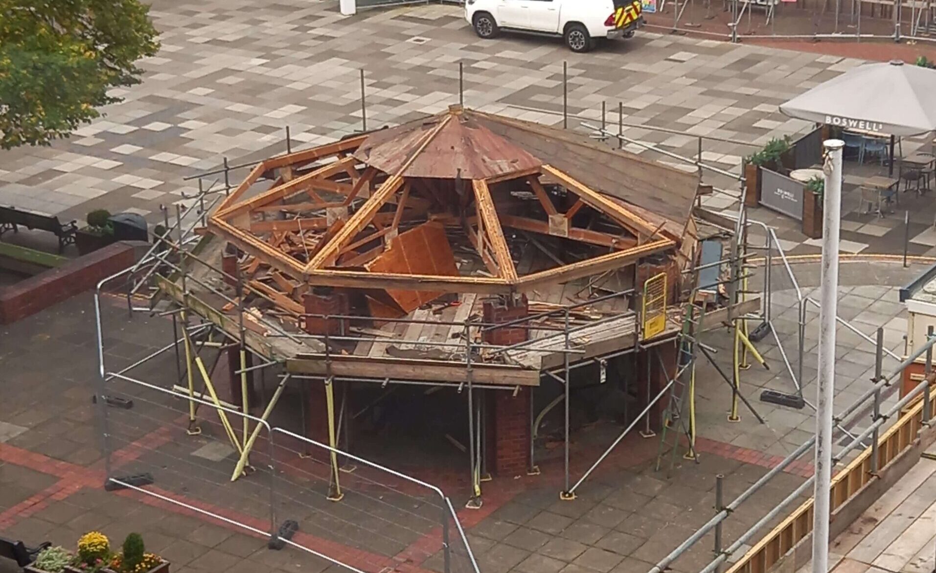 a bandstand being taken apart