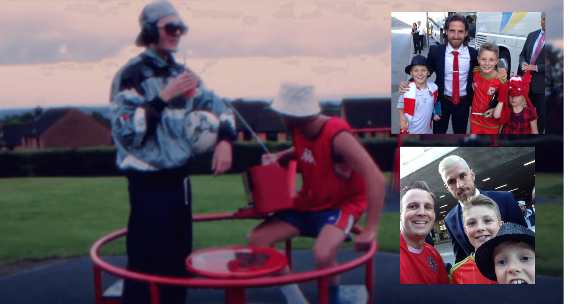 graphic of two people on roundabout and pics of pics of Wales footballers with fans