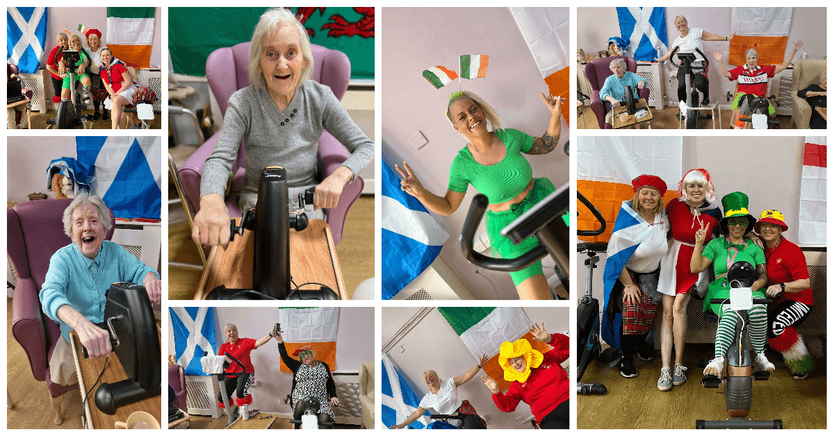 multiple pics of care home staff and residents doing a sponsored cycleathon