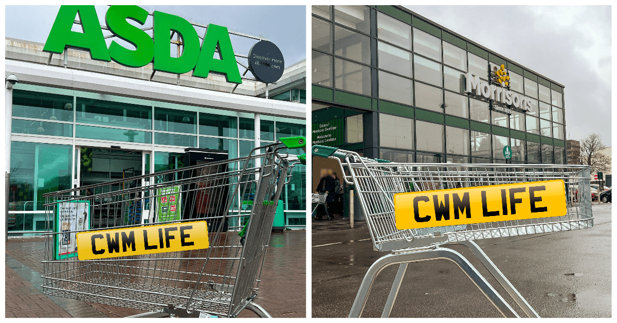 photos of a trolley outside two supermarkets