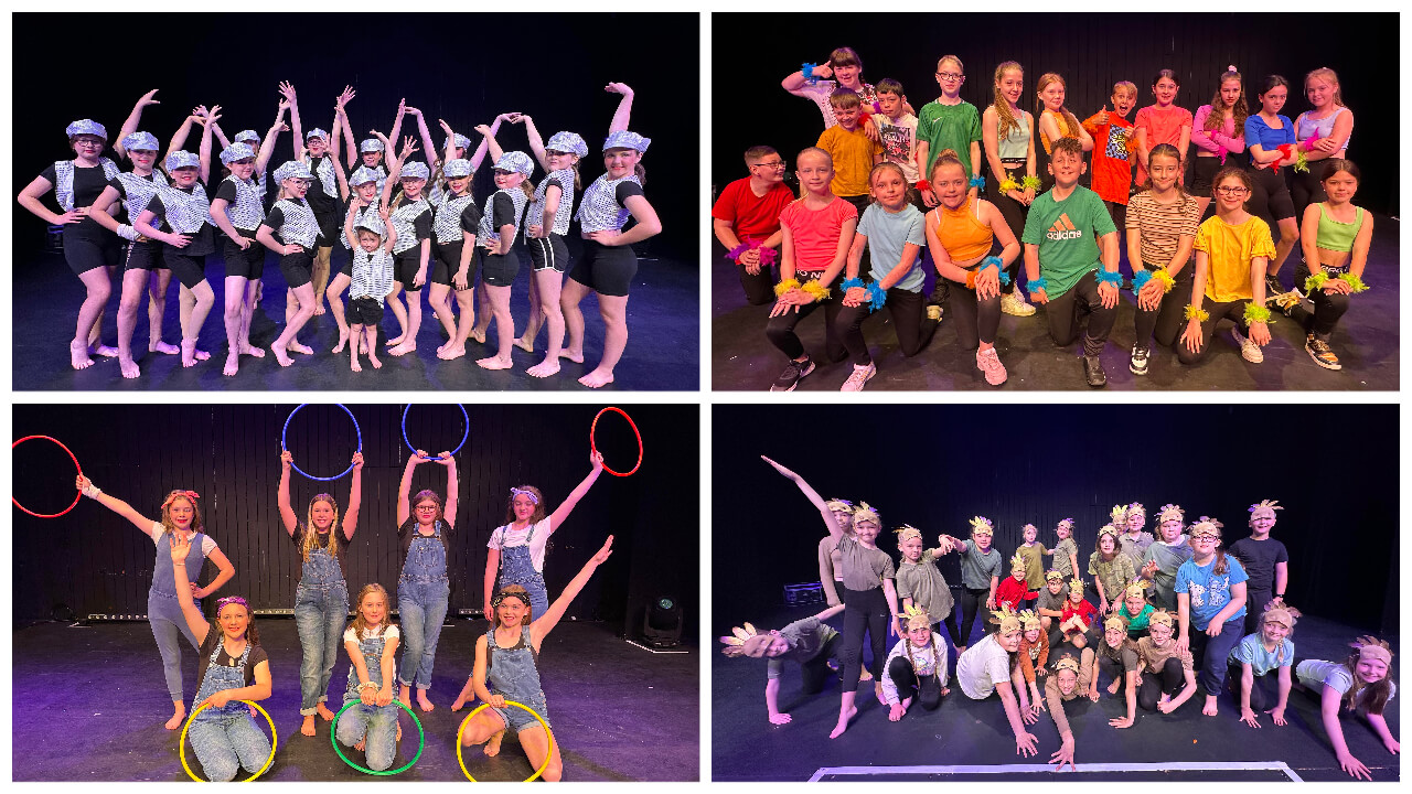 four photos of children on stage after dancing