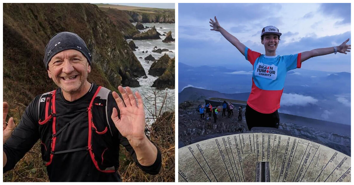 Two photos, one of a man running and one of.woman at top of mountain