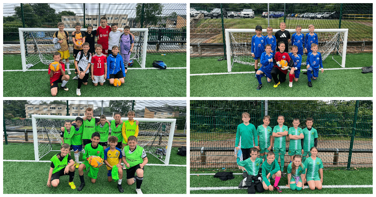 a collage of four football teams having team photos