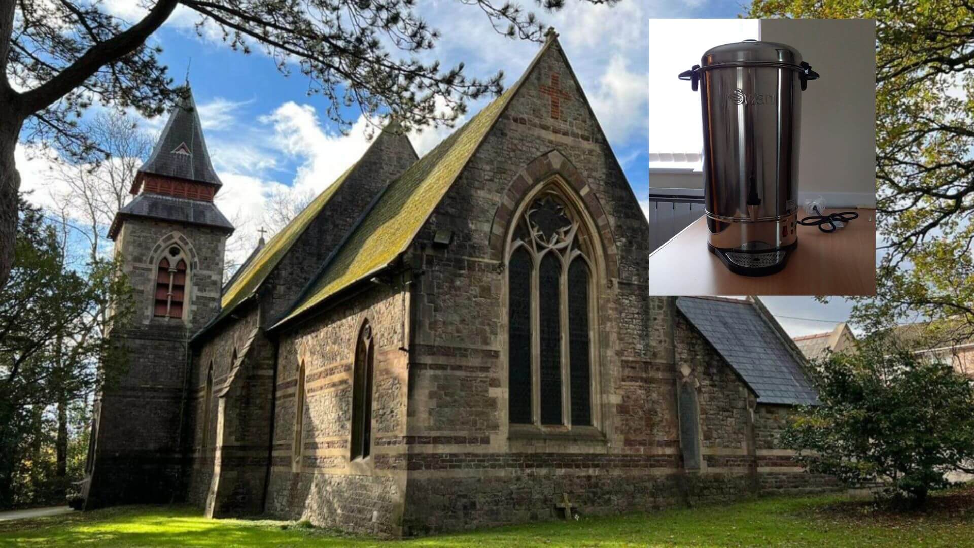 a church and inset pic of hot water urn