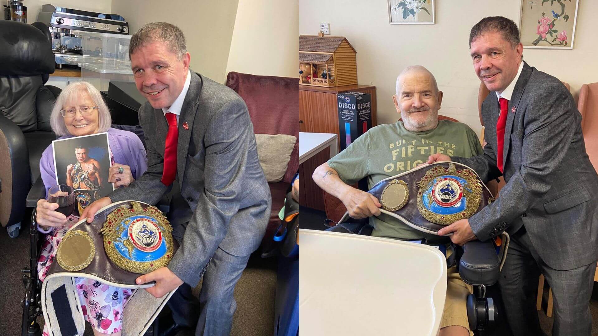 two photos of boxing legend robbie regan with two care home residents holding his world title belt