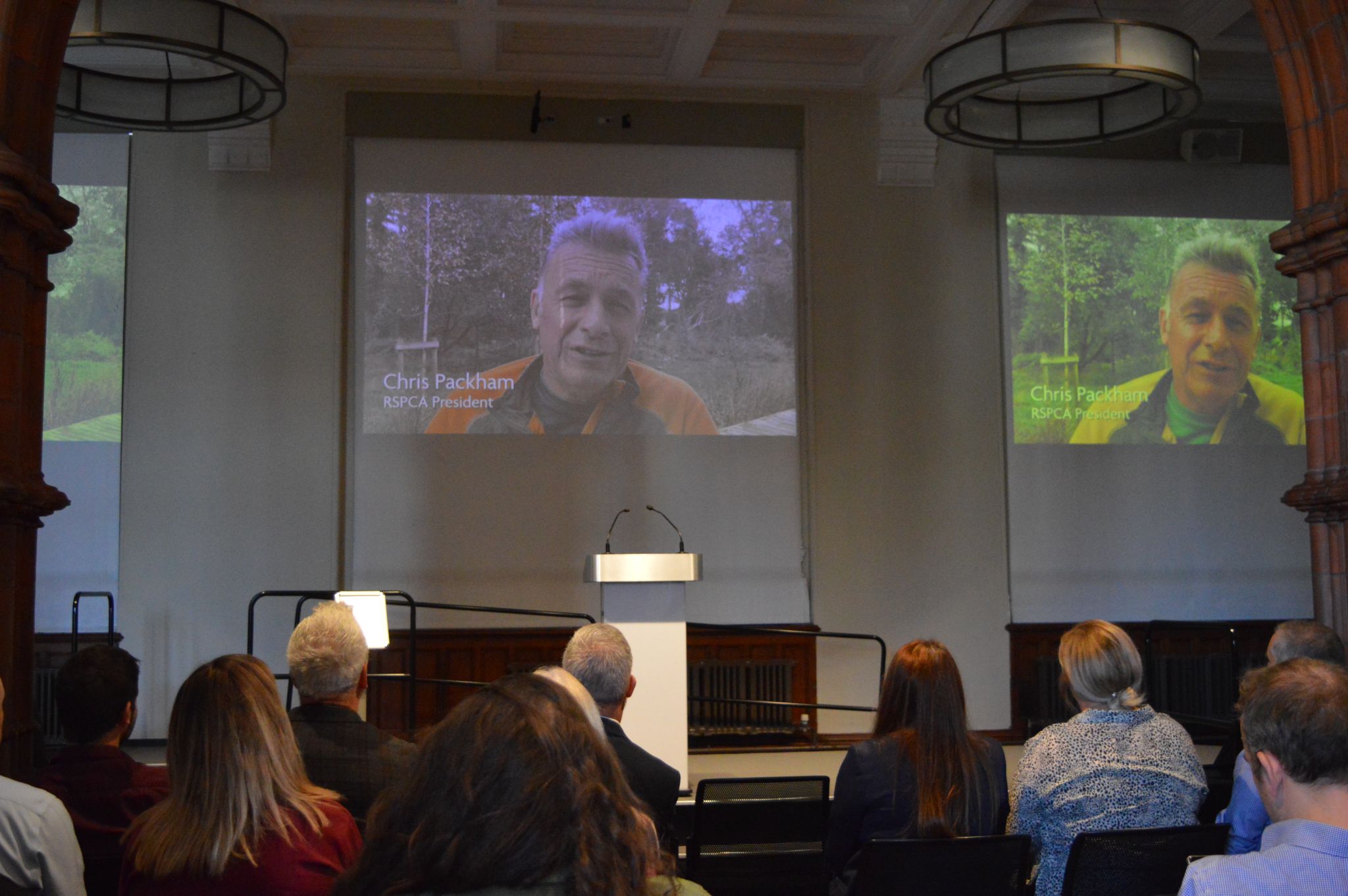 RSPCA president Chris Packham on a screen