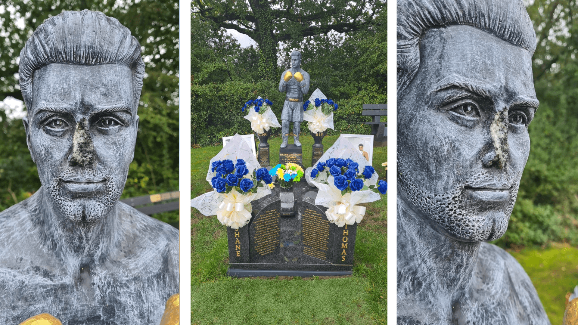 three photos of a statue of a boxer