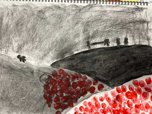 a drawing of a WWII battlefield from a distance