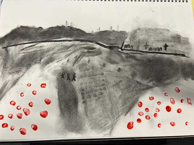 a drawing of a WWII battlefield from a distance