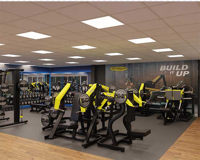 a weights room in a gym