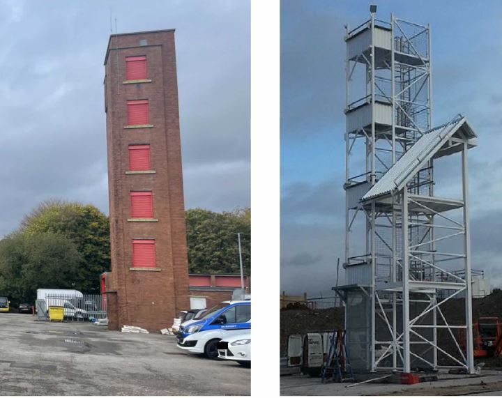 The existing brick training tower at New Inn fire station (left) and its proposed steel replacement. Picture: Torfaen County Borough Council planning file.