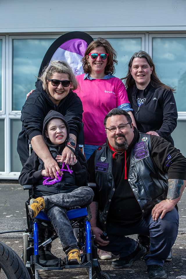 Caldicot Motorcycle Club President Colin ‘Bear’ Jones; Leila Rogers from Gympanzees and her son Tyler, Lucy Spielberg and Irene from Caldicot Motorcycle Club.