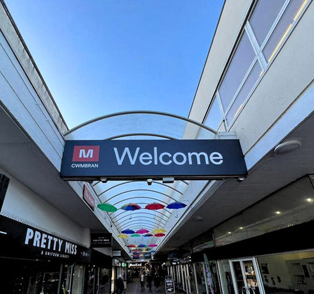 a welcome sign in Cwmbran town centre
