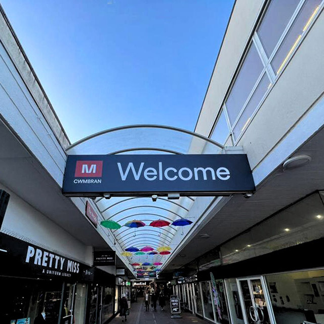 a welcome sign in Cwmbran town centre