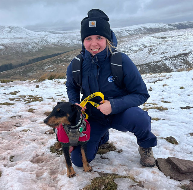 dog and woman on pen y fan