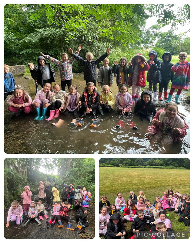 three pics of young pupils outside by water and in a field