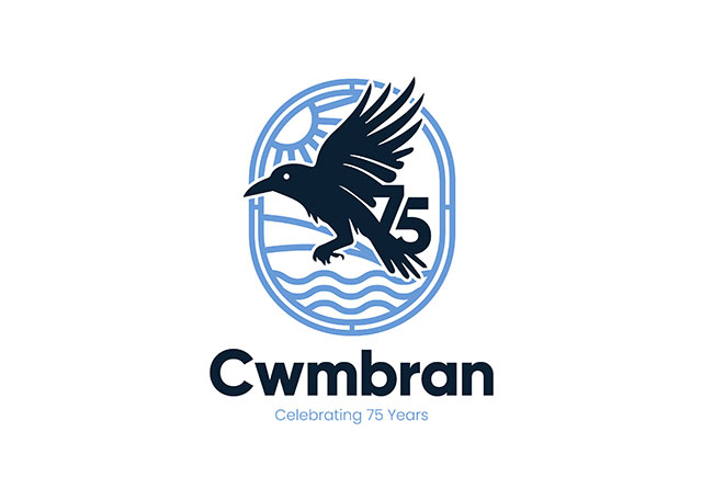 a new logo for cwmbran new town's 75th anniversary featuring a crow, the number 75 and a river design