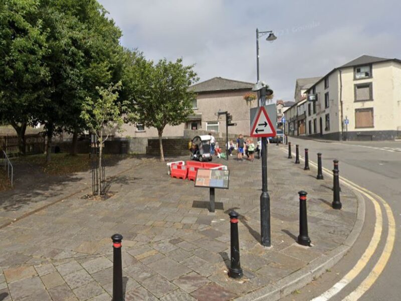 The spot where the Ken Jones statue had been sited in Blaenavon, marked by crash barriers.