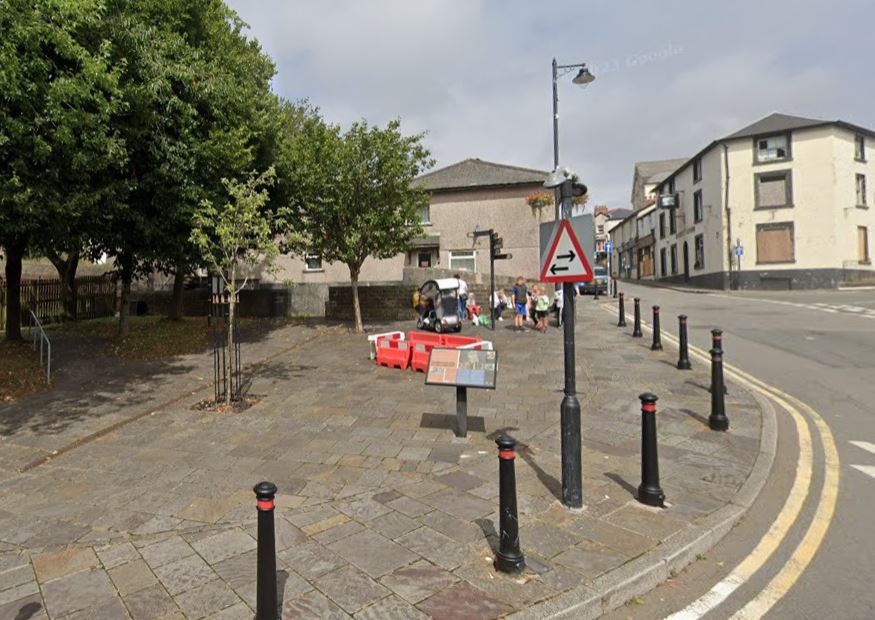 The spot where the Ken Jones statue had been sited in Blaenavon, marked by crash barriers.