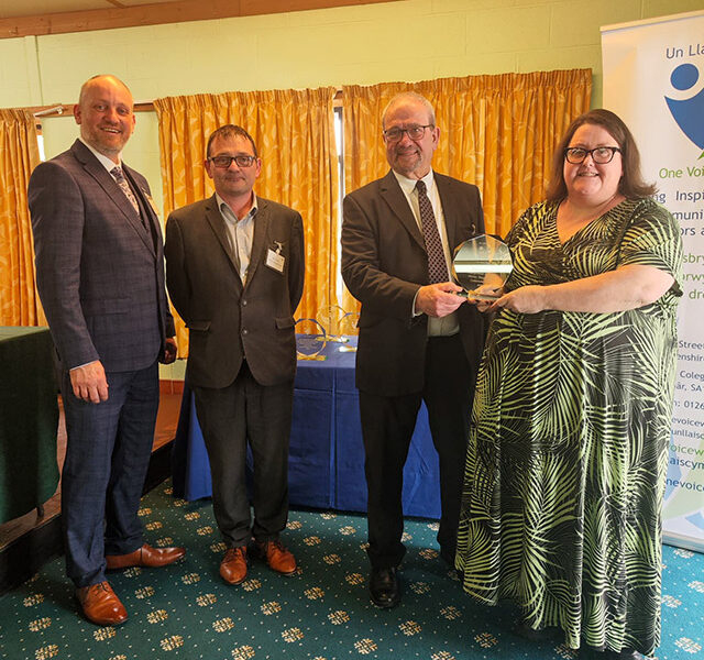 Cllr Gareth Lloyd-Tolman, Andy Smith, deputy clerk, Cllr Mike Theodoulou, chair of One Voice Wales, Cllr Leanne Lloyd-Tolman, chair of Cwmbran Community Council