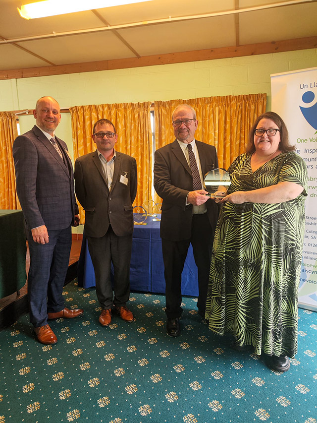 Cllr Gareth Lloyd-Tolman, Andy Smith, deputy clerk, Cllr Mike Theodoulou, chair of One Voice Wales, Cllr Leanne Lloyd-Tolman, chair of Cwmbran Community Council