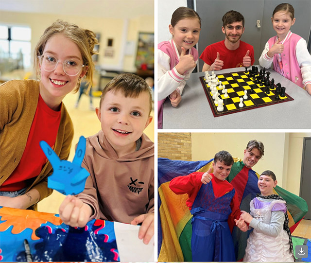 children play chess and hold easter art