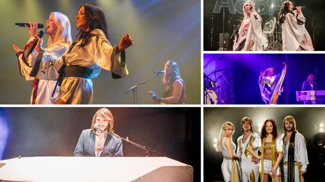 a montage of pics of an Abba tribute band performing on stage