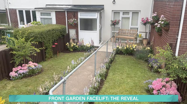a garden with flowers and a bench to sit on