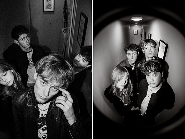 two black and white photos of a four members of a band