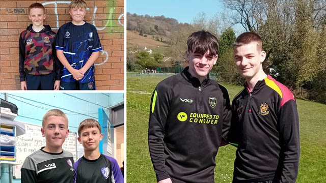 three photos, each of two teenage junior rugby players