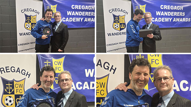 Four photos of same two men at a football awards night. One has just presented the other with a trophy