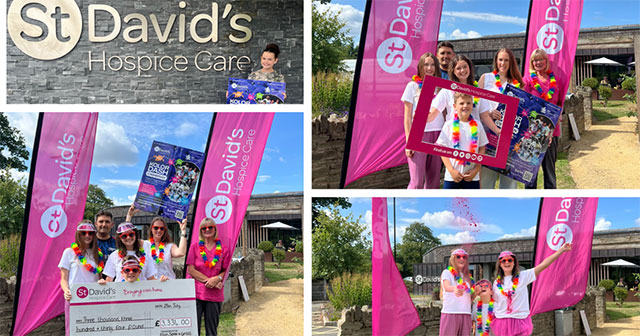 collage of photos of a family stood by banners for St David's Hospice