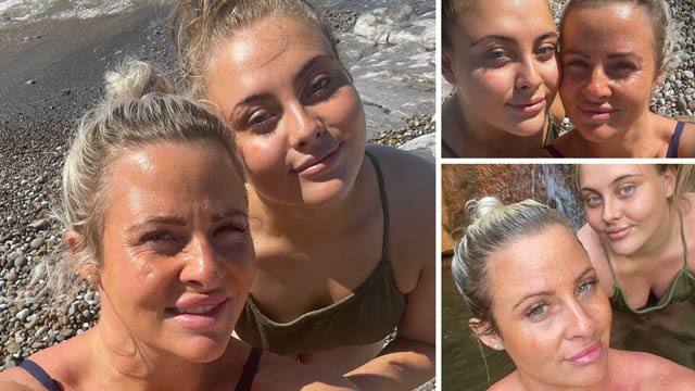 three photos of Danielle O'Halloran and her daughter Chloe Hayman on a beach