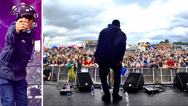 two photos , one of man from behind on stage singing to large crowd and another of a man shaking a tamborine- They're from the Oasis Experience