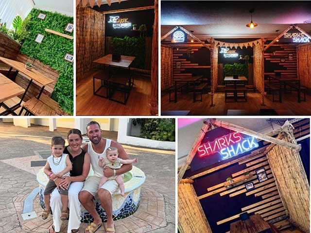 four photos of a burger restaurant one of a mum and dad with their two children