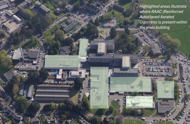 This overhead image of Nevill Hall Hospital highlights in green all the areas affected by RAAC concrete.