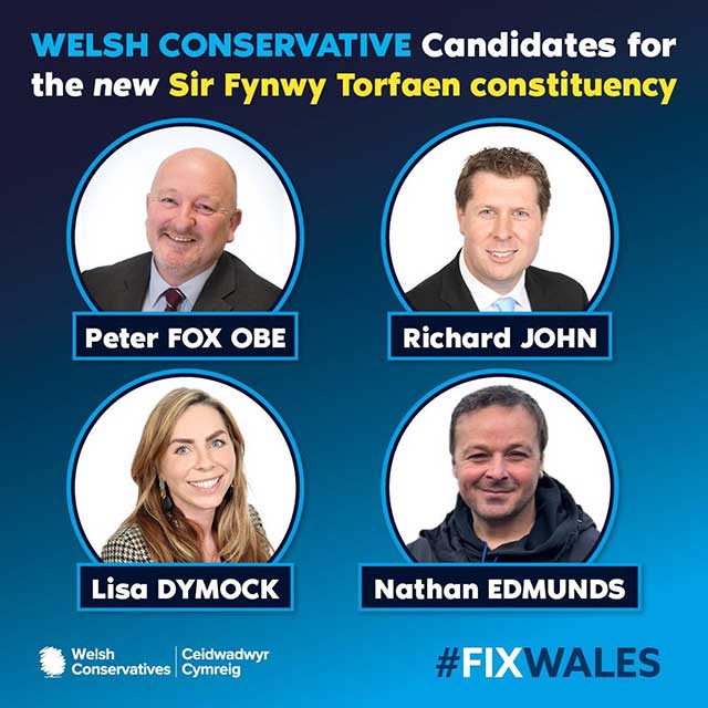 A graphic produced by the Welsh Conservatives showing the first four candidates it has selected for the Sir Fynwy Torfaen constituency at the 2026 Senedd elections