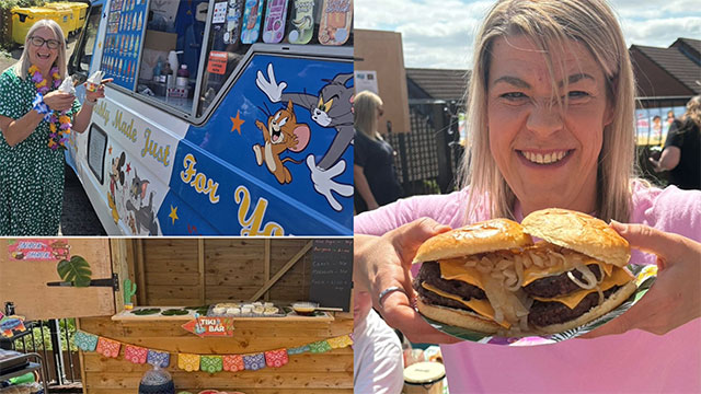 a woman holds a burger, a woman by an ice cream van