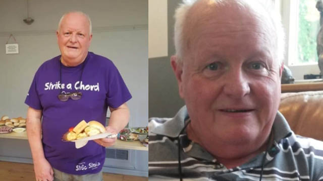 two photos of Bob Younger, in one he's wearing a Strike a Chord Cymru t-shirt