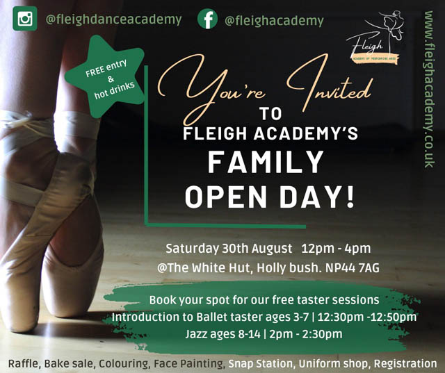 A poster advertising the open day for the Fleigh Academy of Performing Arts