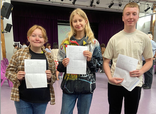 Cwmbra High School pupils Amelie, Milana, and Dylan with their GCSE results