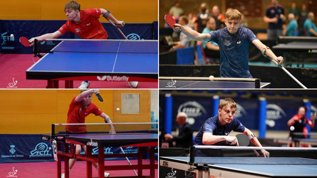 four photos of a man playing table tennis