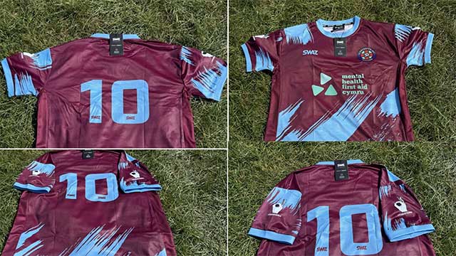 The new Llanyrafon FC strip sponsored by Mental Health First Aid Wales