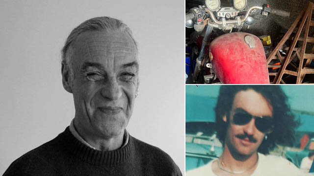 two photos of Michael Luxton and one of one his motorbikes