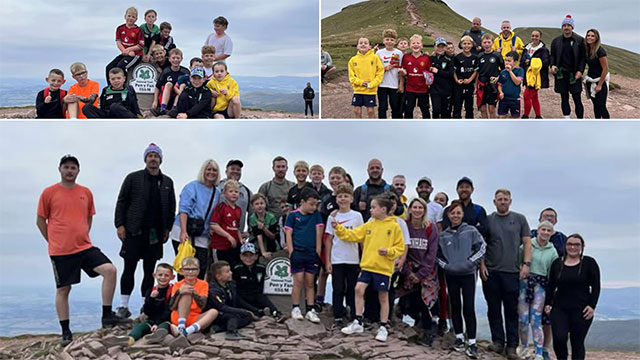 three photos of an under tens football team on Pen y Fan