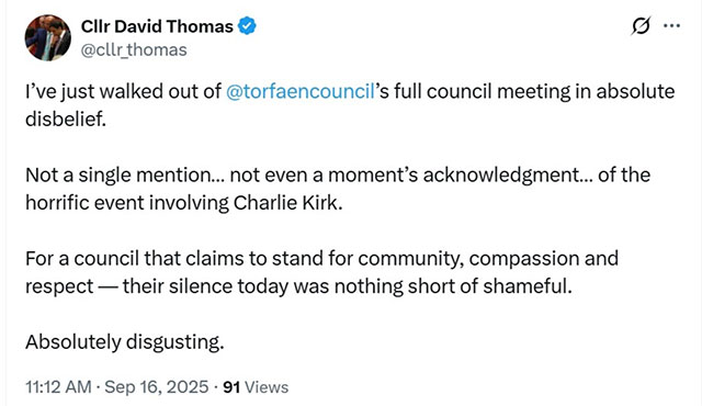 A screenshot of the post in which Cllr David Thomas said he\'d left a Torfaen council meeting as it had failed to mark the fatal shooting of US political influencer Charlie Kik