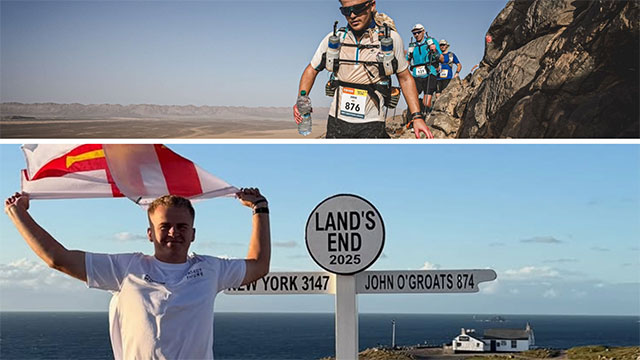 two photos of a man running. in one he's at lands end by a signt holding a flag