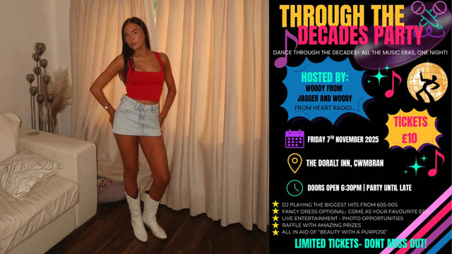 a woman stood by white curtains and a poster for a party night in a pub