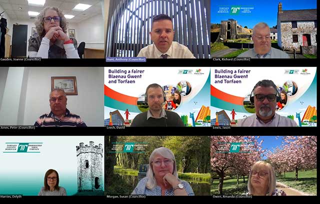 a photo of nine councillors and offers in an online meeting